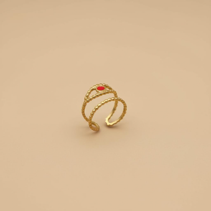 Gold Beaded Ring with Red Enamel Detail (Adjustable)
