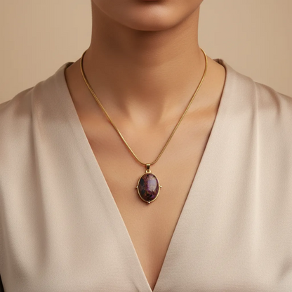 Gold Purple Stone Necklace – Classic Oval Pendant