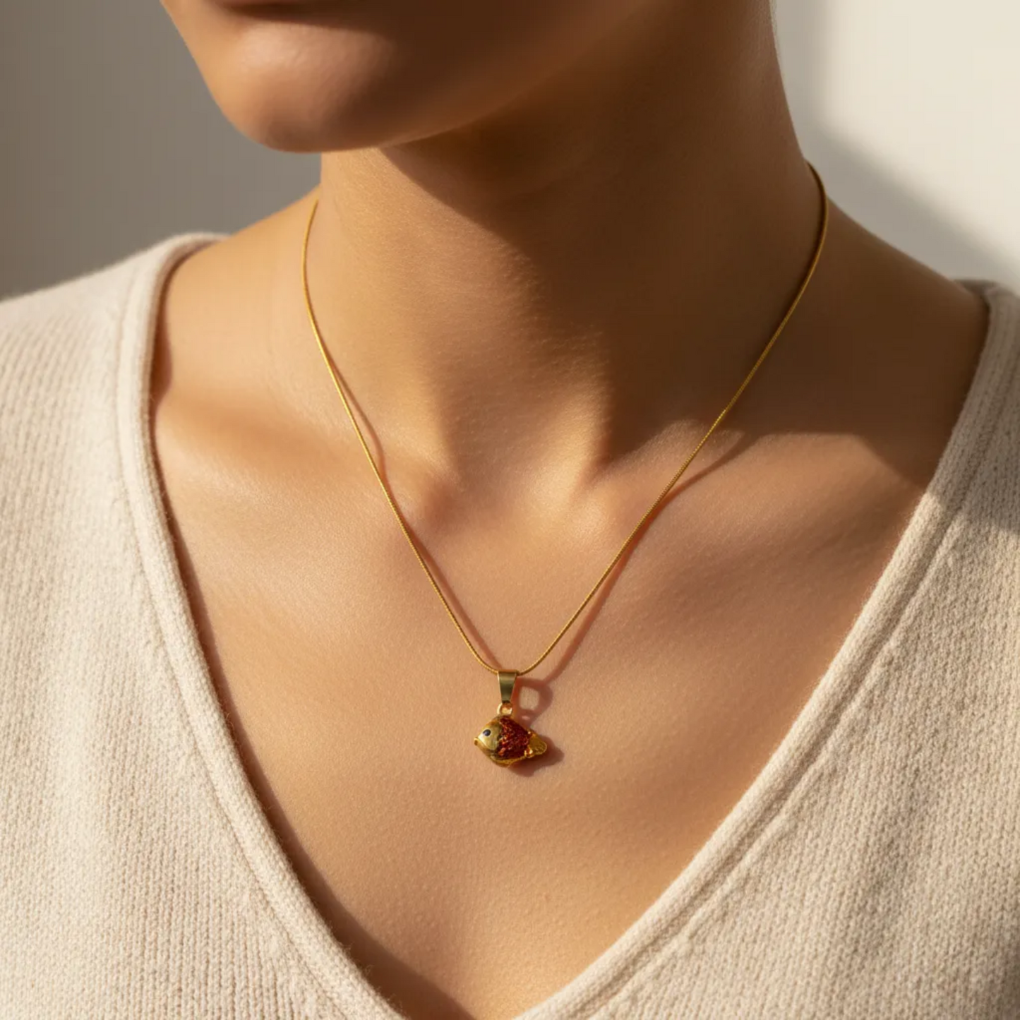 Gold Fish Pendant Necklace – Red Enamel Charm