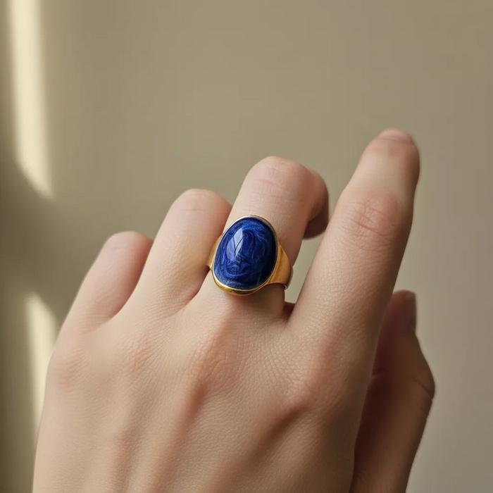 Gold Statement Ring with Deep Blue Marble Stone (Adjustable)