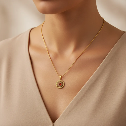 Gold Sunburst Necklace – Radiant Red Center Pendant