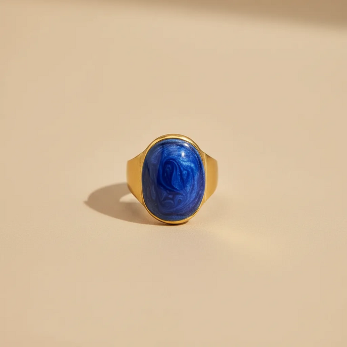 Gold Statement Ring with Deep Blue Marble Stone (Adjustable)