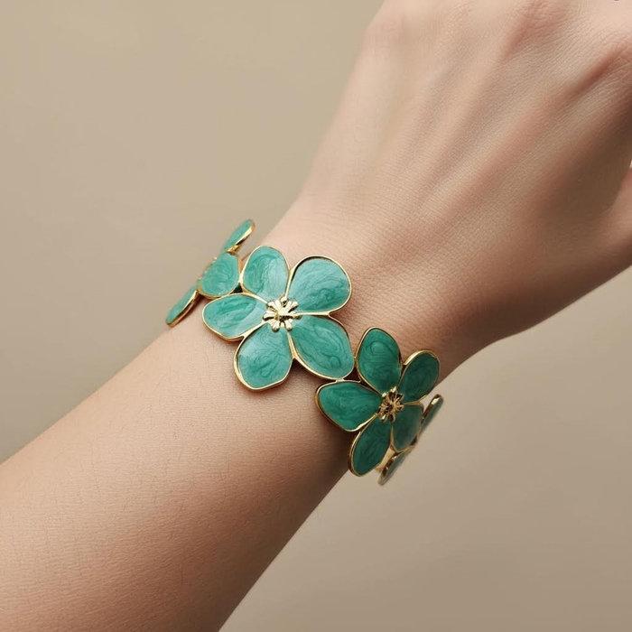 Gold Floral Cuff Bracelet – Turquoise Enamel Statement Bangle