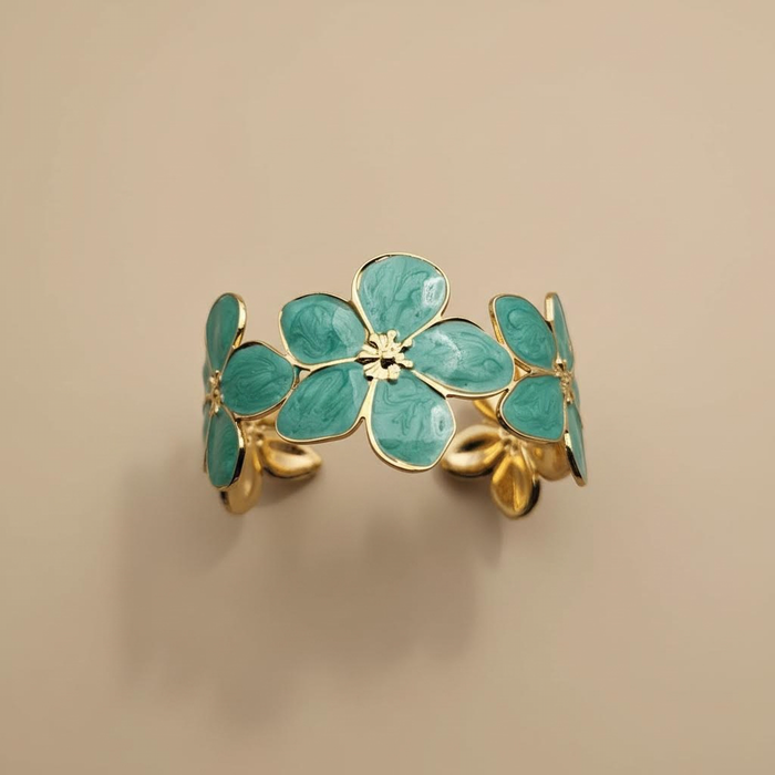 Gold Floral Cuff Bracelet – Turquoise Enamel Statement Bangle