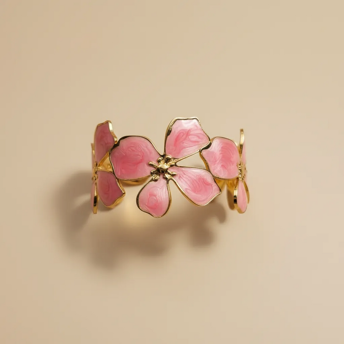 Gold Floral Cuff Bracelet – Pink Enamel Statement Bangle