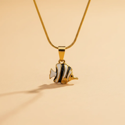 Gold Fish Pendant Necklace with Enamel Detail