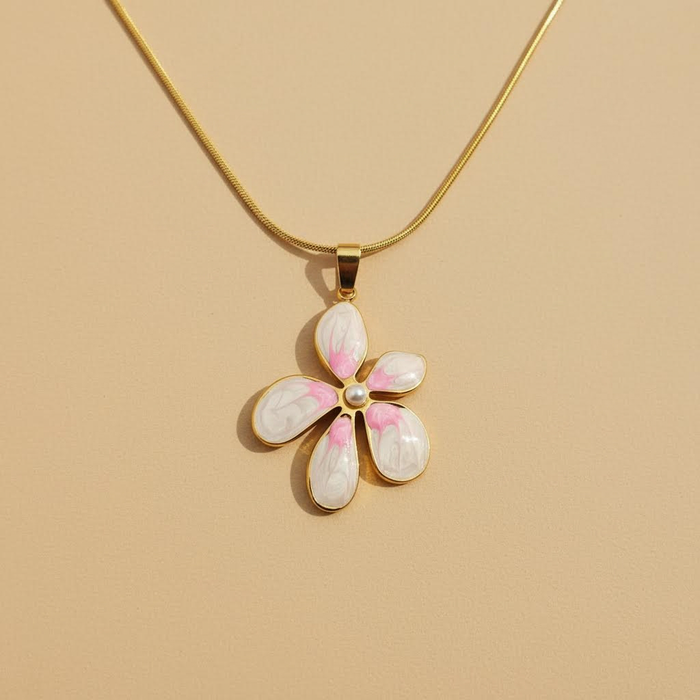 Pink & White Enamel Flower Necklace