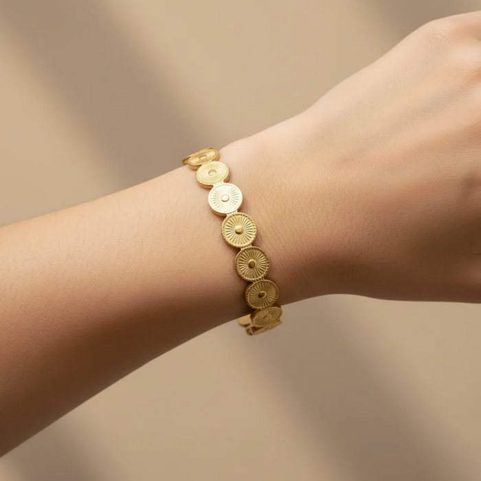 Gold Sunburst Disc Cuff Bracelet – Minimal Boho Bangle