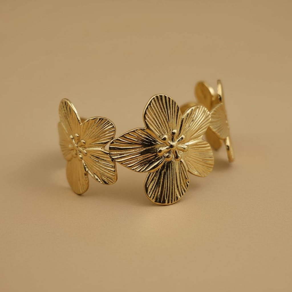 Gold Textured Floral Cuff Bracelet – Engraved Flower Statement Bangle