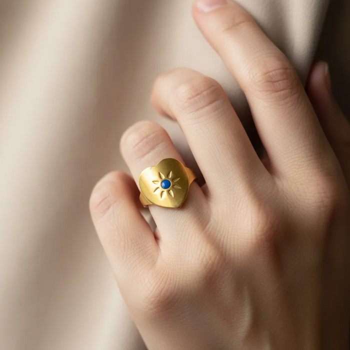 Gold Sun Shield Ring with Blue Enamel (Adjustable)