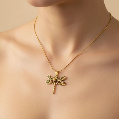 Gold Dragonfly Tiger Eye Pendant Necklace