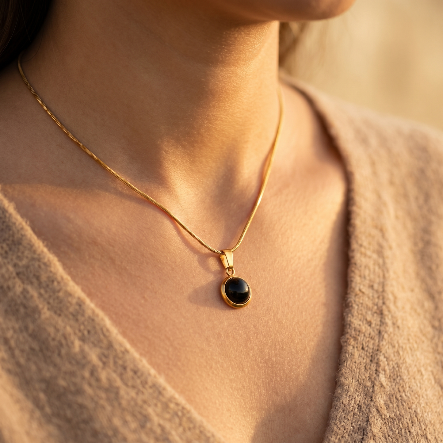 Minimal Gold Necklace with Black Round Pendant