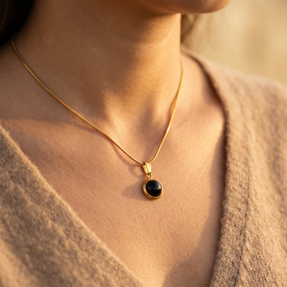 Minimal Gold Necklace with Black Round Pendant