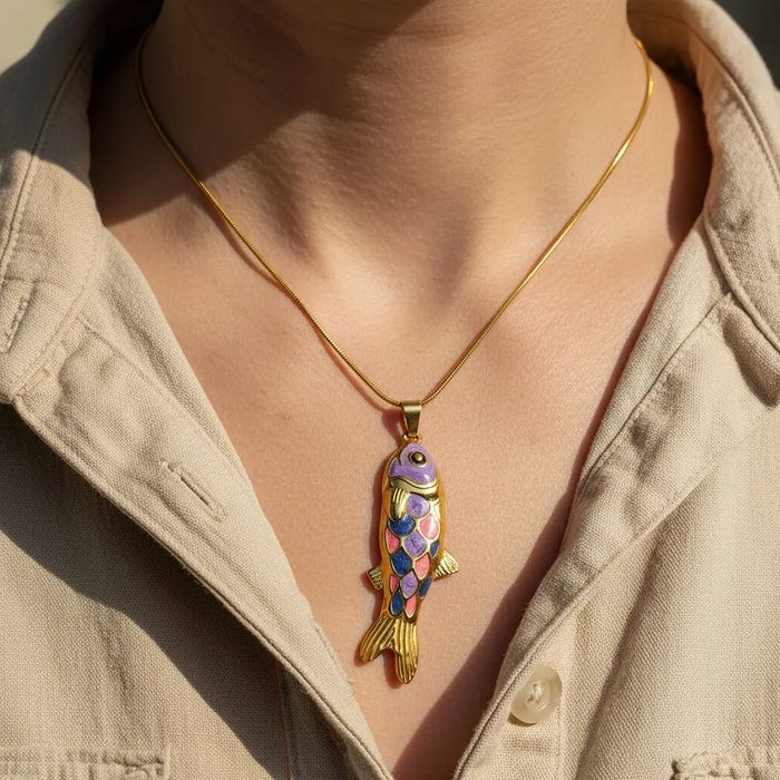 Gold Stainless Steel Fish Necklace – Enamel Pendant (3 Colors)