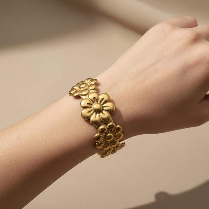 Gold Floral Statement Cuff Bracelet – Sculpted Flower Bangle