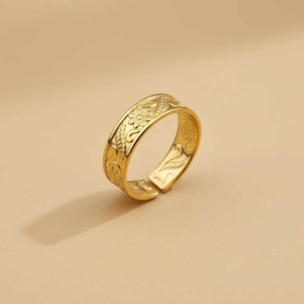 Gold Engraved Adjustable Ring – Floral Band Design
