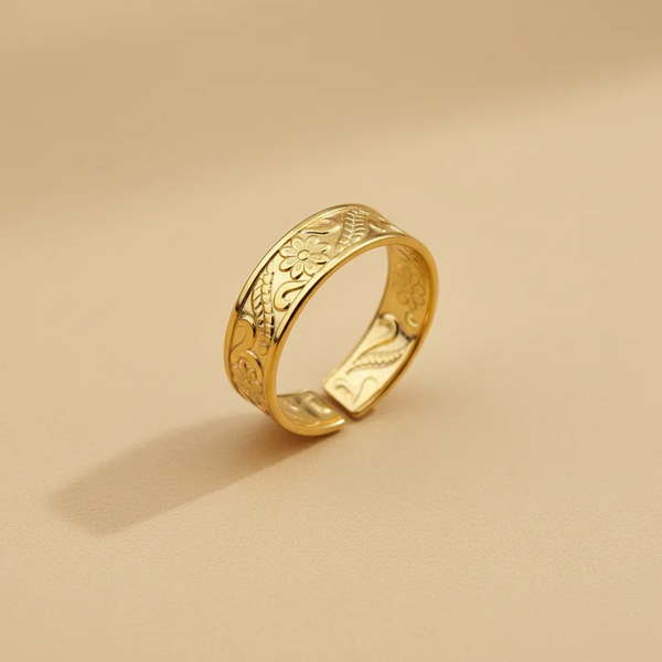 Gold Engraved Adjustable Ring – Floral Band Design
