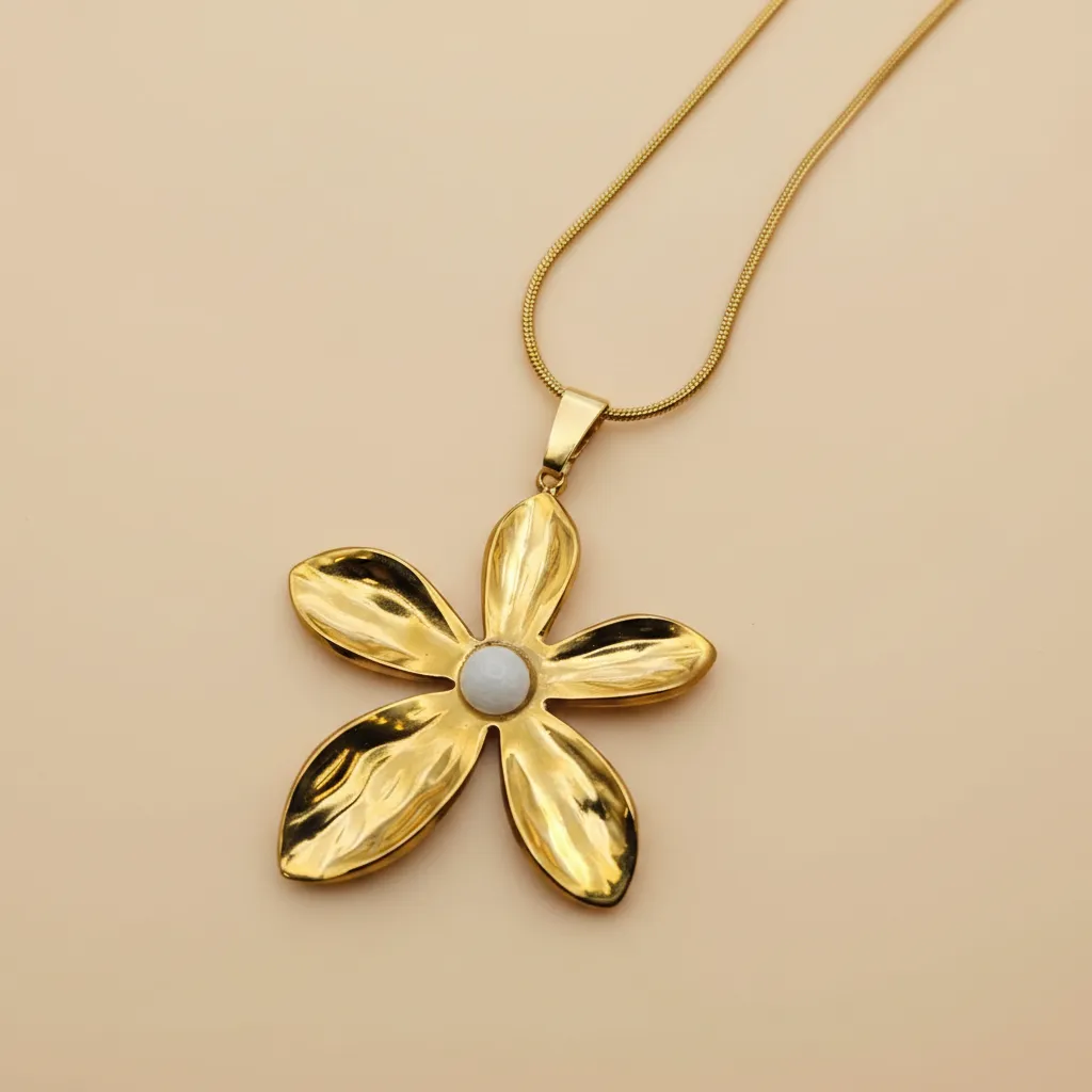 Gold Flower With Stone Necklace