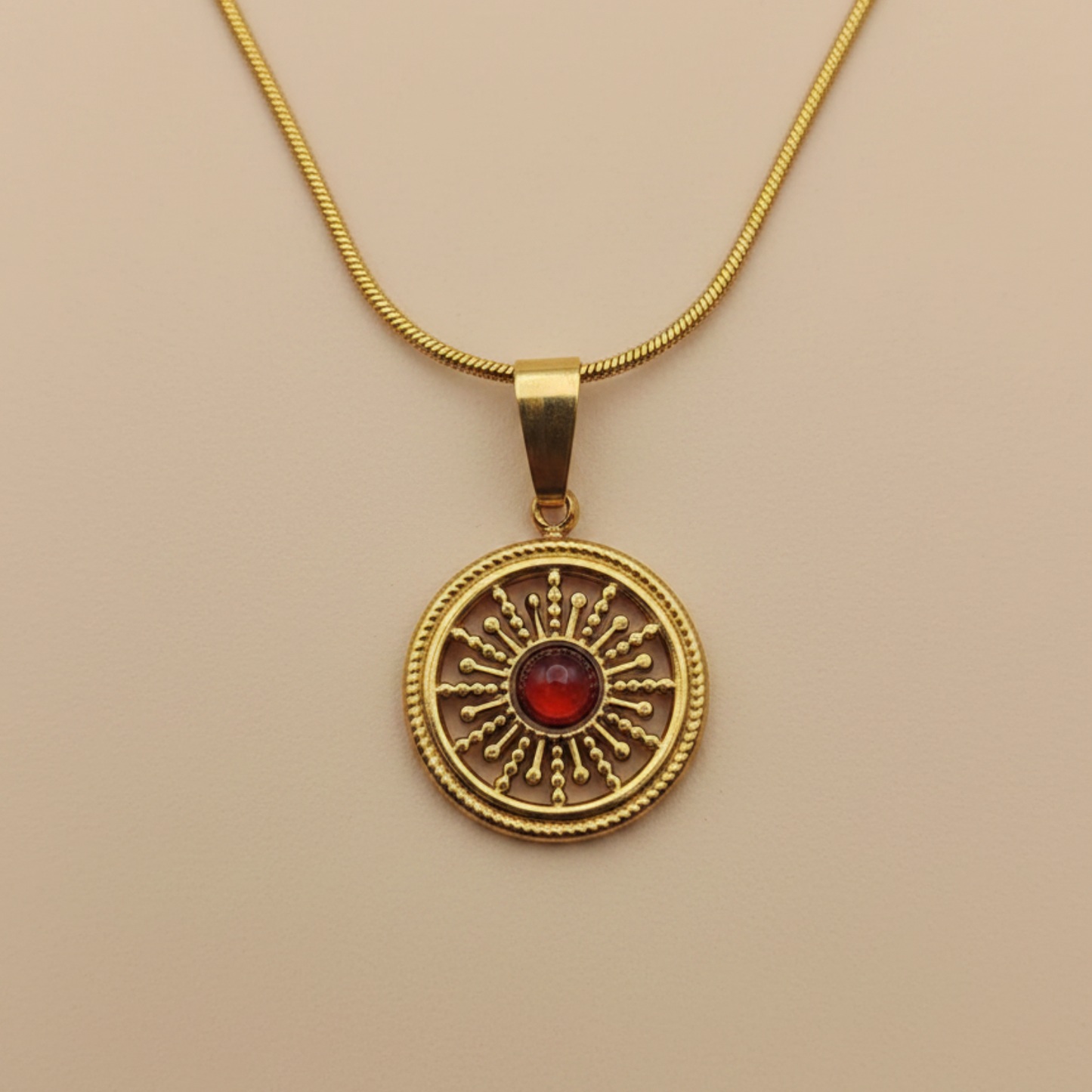 Gold Sunburst Necklace – Radiant Red Center Pendant