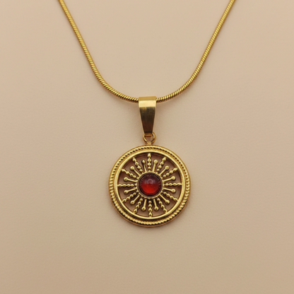 Gold Sunburst Necklace – Radiant Red Center Pendant