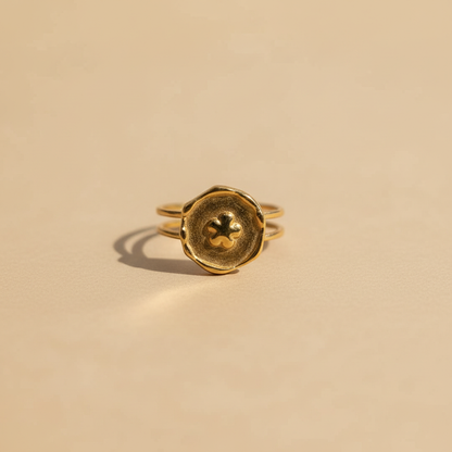 Gold Coin Adjustable Ring – Clover Detail Design