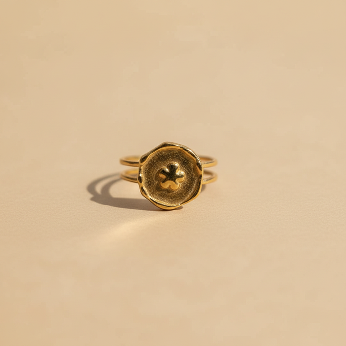 Gold Coin Adjustable Ring – Clover Detail Design